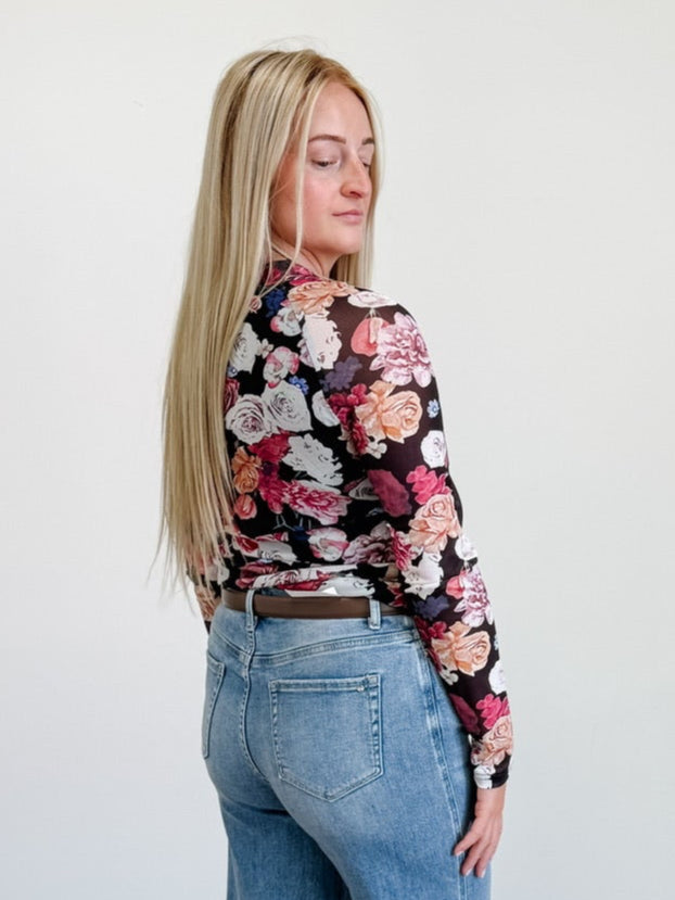 Floral Print Mock Neck Long Sleeve Slim Top