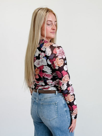 Floral Print Mock Neck Long Sleeve Slim Top