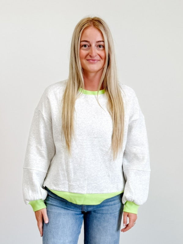 Banding Patchwork Puff Sleeve Loose Sweatshirt