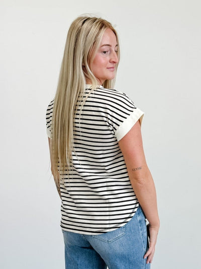 Stripe Short Sleeve Snap Button Henley Knit Top
