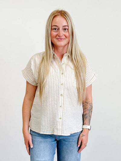 Stripe Collared Short Sleeve Linen Shirt in White / Khaki