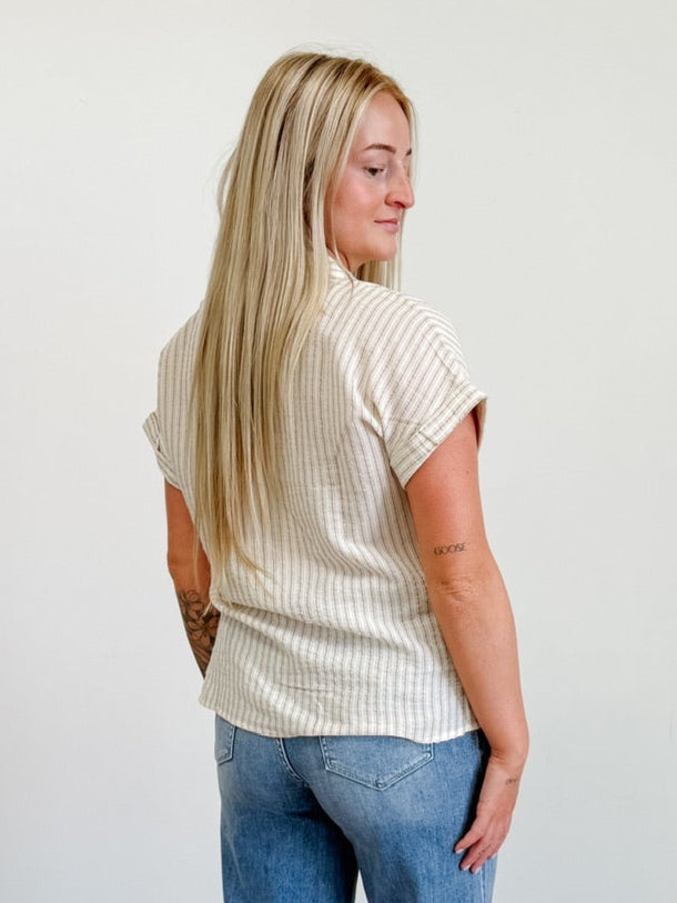 Stripe Collared Short Sleeve Linen Shirt in White / Khaki