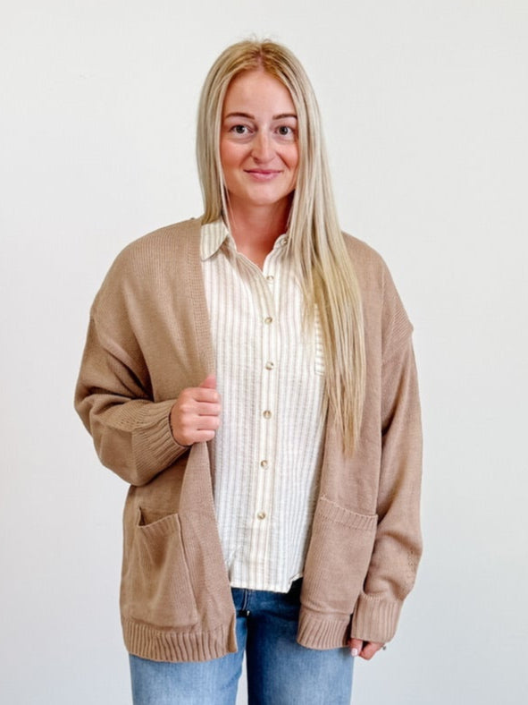 Oversized Open-Front Cardigan Sweater with Pockets in Taupe