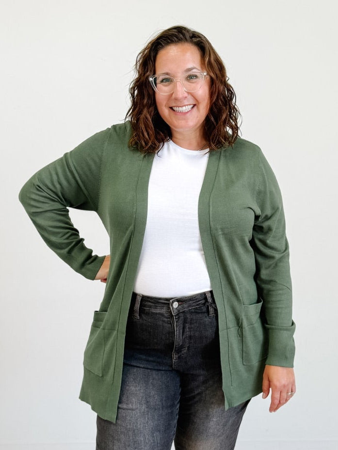 Open Knit Cardigan With Ribbed Hem Throughout Opening in Green Ivy