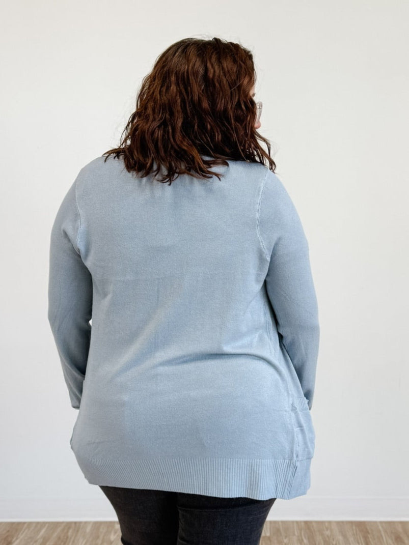 Open Cardigan With Ribbed Cuffs & Hem in Dusty Blue