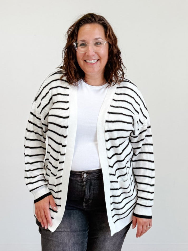 Classic Striped Open Cardigan in White / Black Stripe