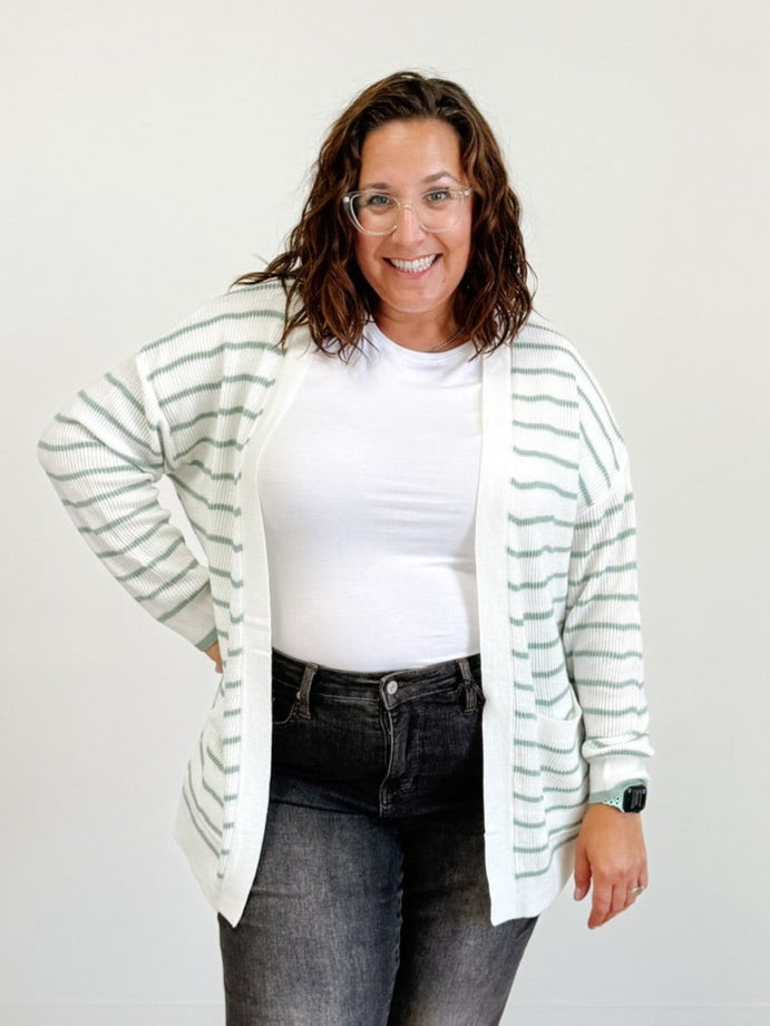 Classic Striped Open Cardigan in White / Sage Stripe