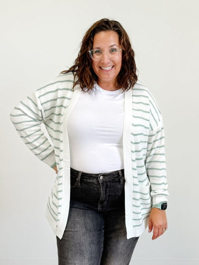 Classic Striped Open Cardigan in White / Sage Stripe