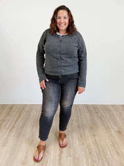 Round Neck Button Down Long Sleeve Cardigan in Charcoal
