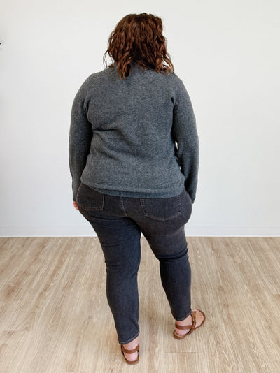 Round Neck Button Down Long Sleeve Cardigan in Charcoal