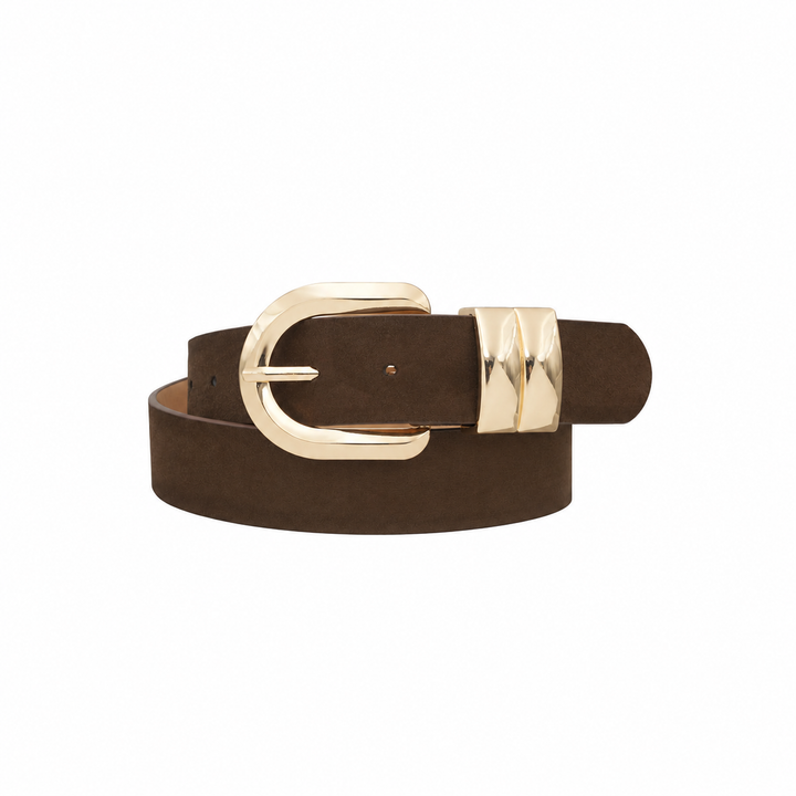 Faux Suede Rounded Double Loop D Ring Belt in Dark Brown