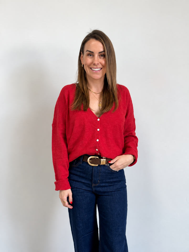 V Neck Batwing Sleeve Button Up Cardigan in Red