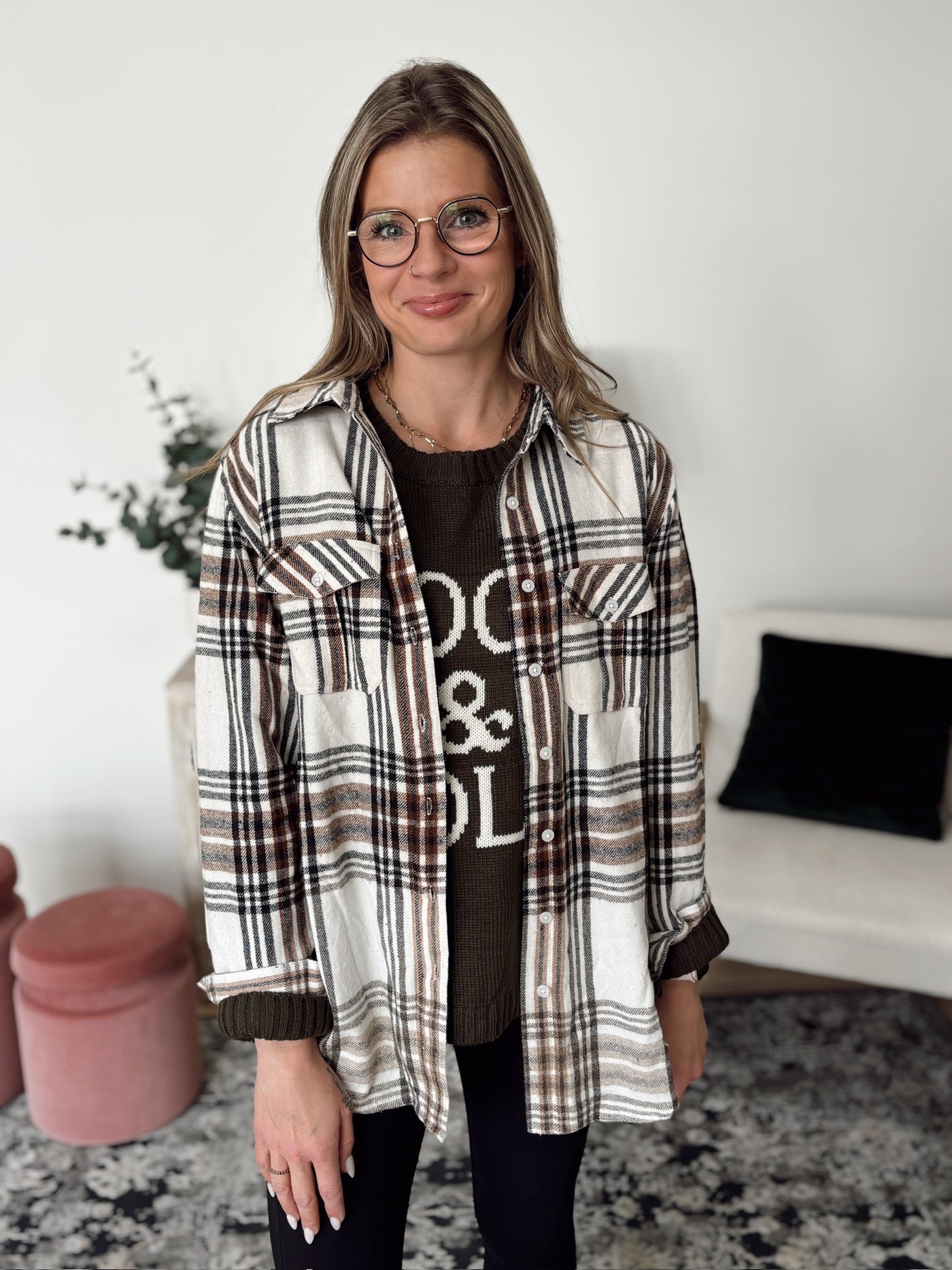 Plaid Flannel Jacket in Cream