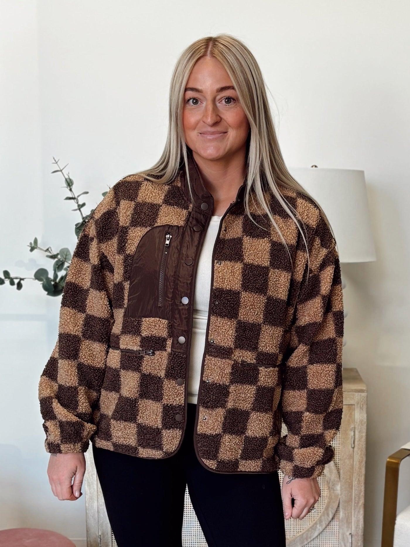 Checkered Snap Button Fleece Jacket in Brown