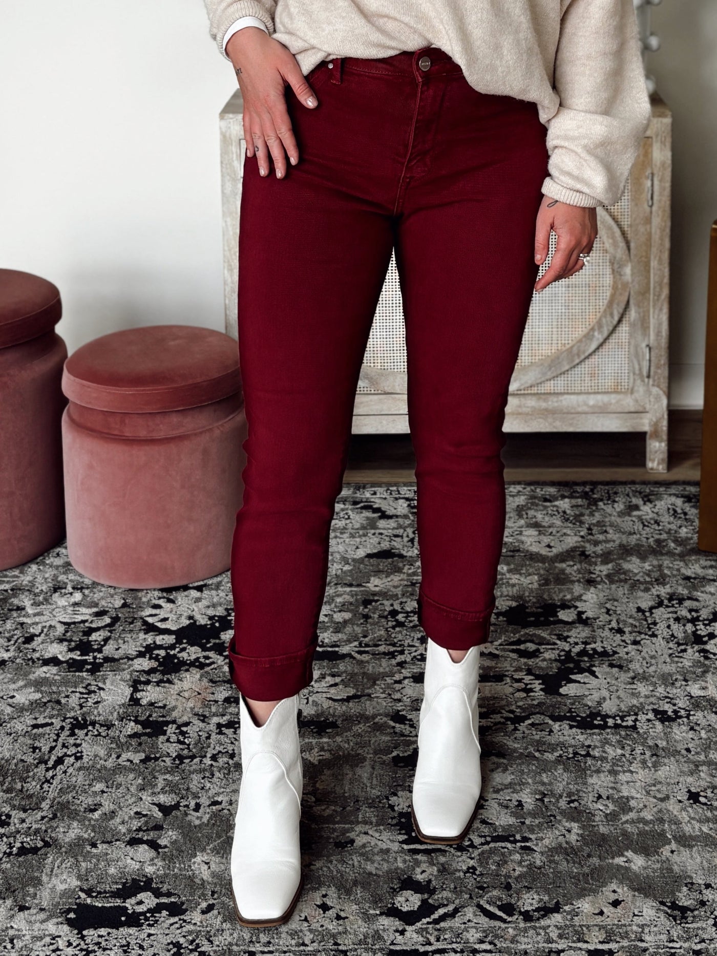 Risen High Rise Skinny Pants in Wine