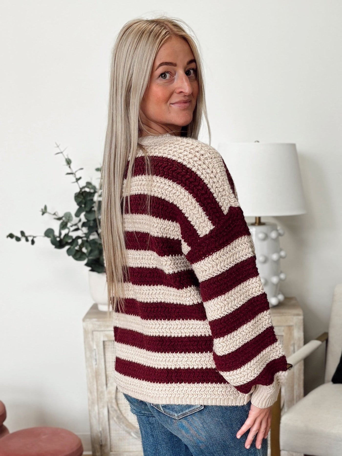 Relaxed Stripe Long Sleeve Pullover Knit Sweater in Oxblood