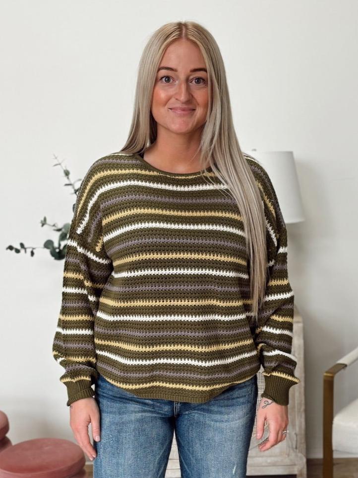 Multicolor Stripe Crochet Knit Sweater in Olive