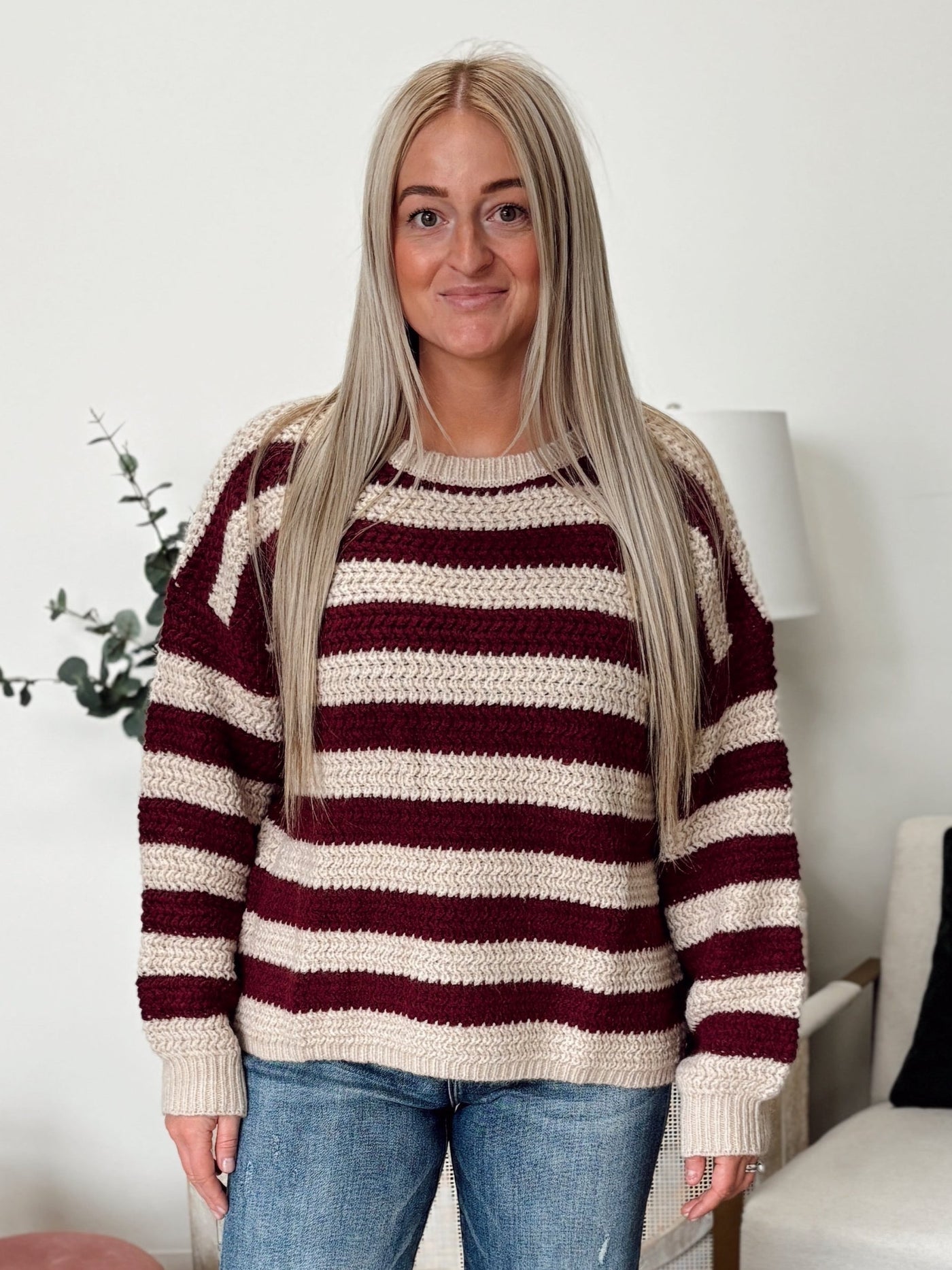 Relaxed Stripe Long Sleeve Pullover Knit Sweater in Oxblood