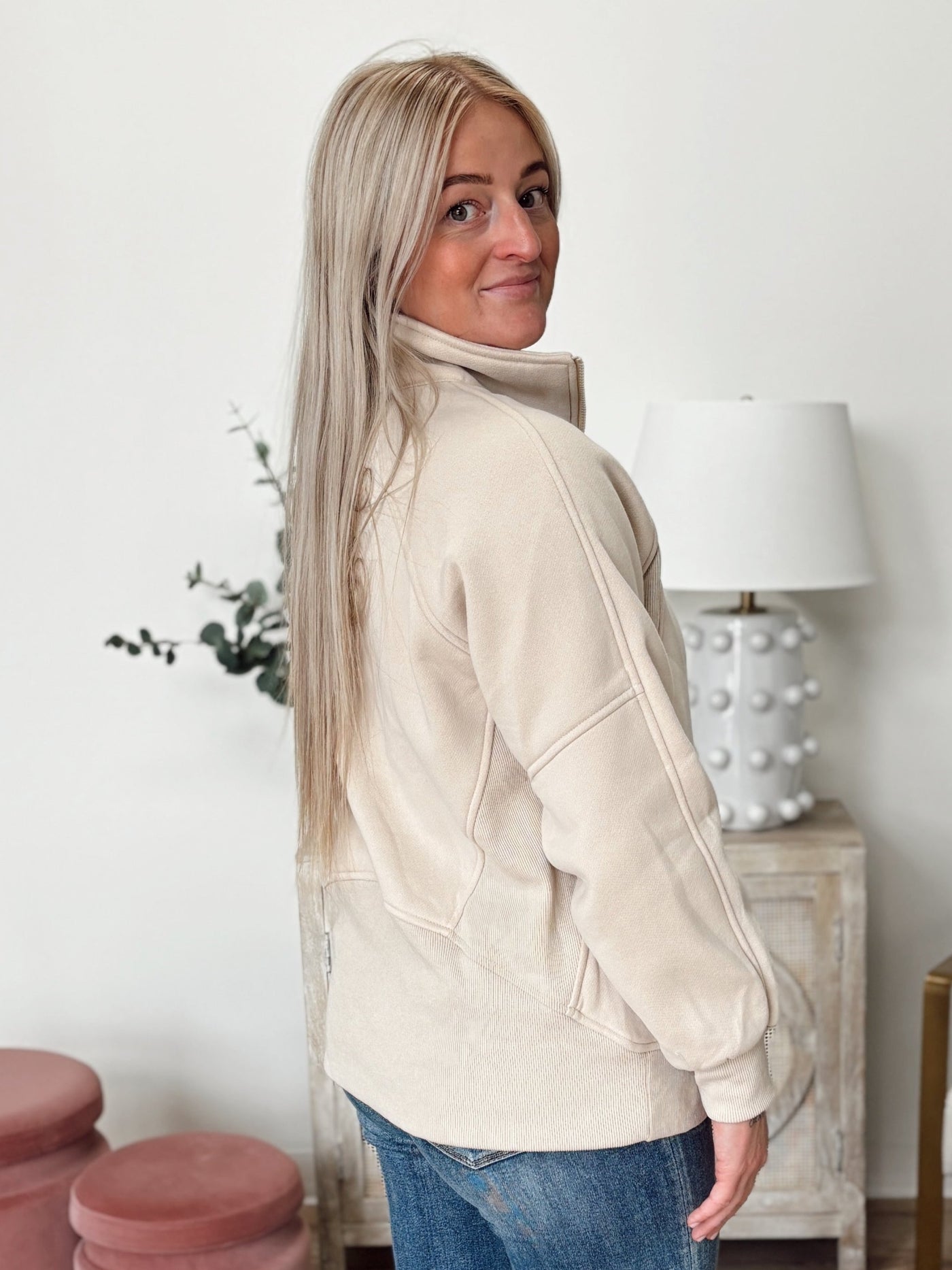 Half Zip Long Sleeve Knit Top With Pocket in Khaki Beige