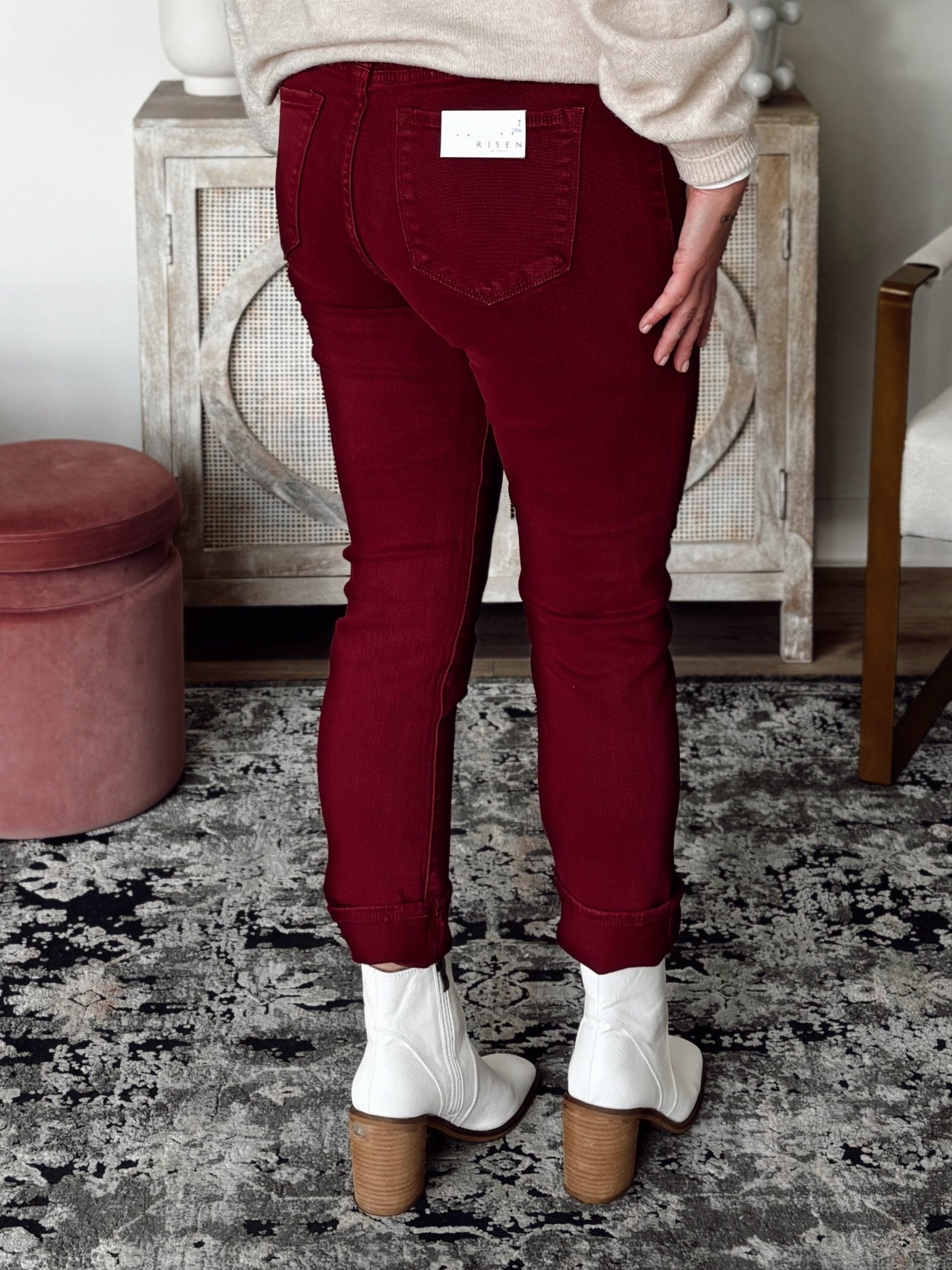 Risen High Rise Skinny Pants in Wine