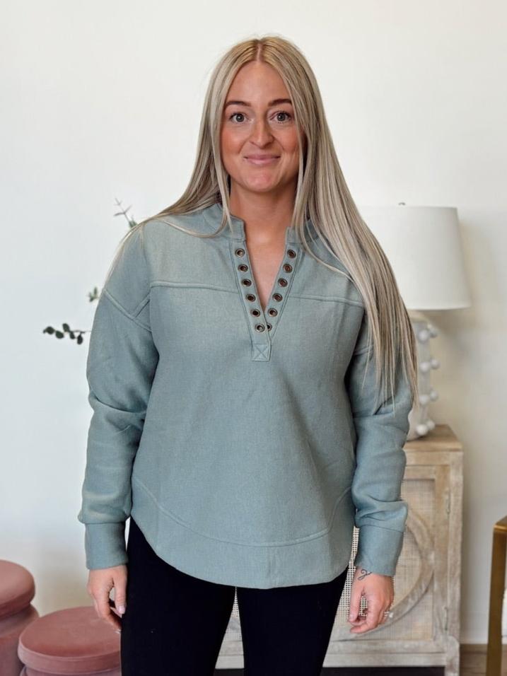 Spliced Grommet Long Sleeve Knit Top in Dusty Teal