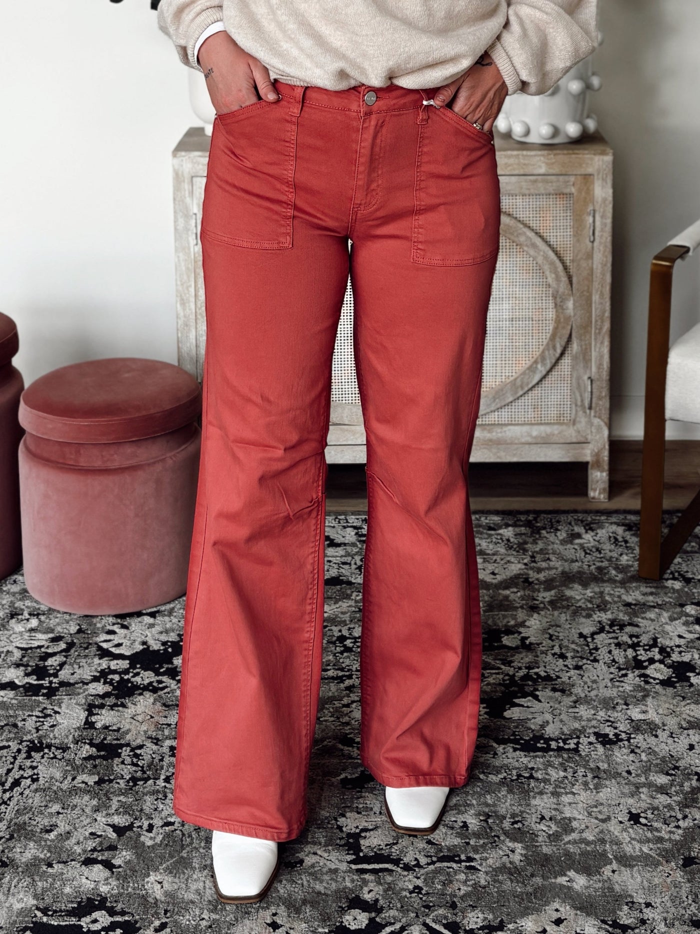 Risen High Rise Relaxed Wide Straight Leg Jeans in Brick Pink