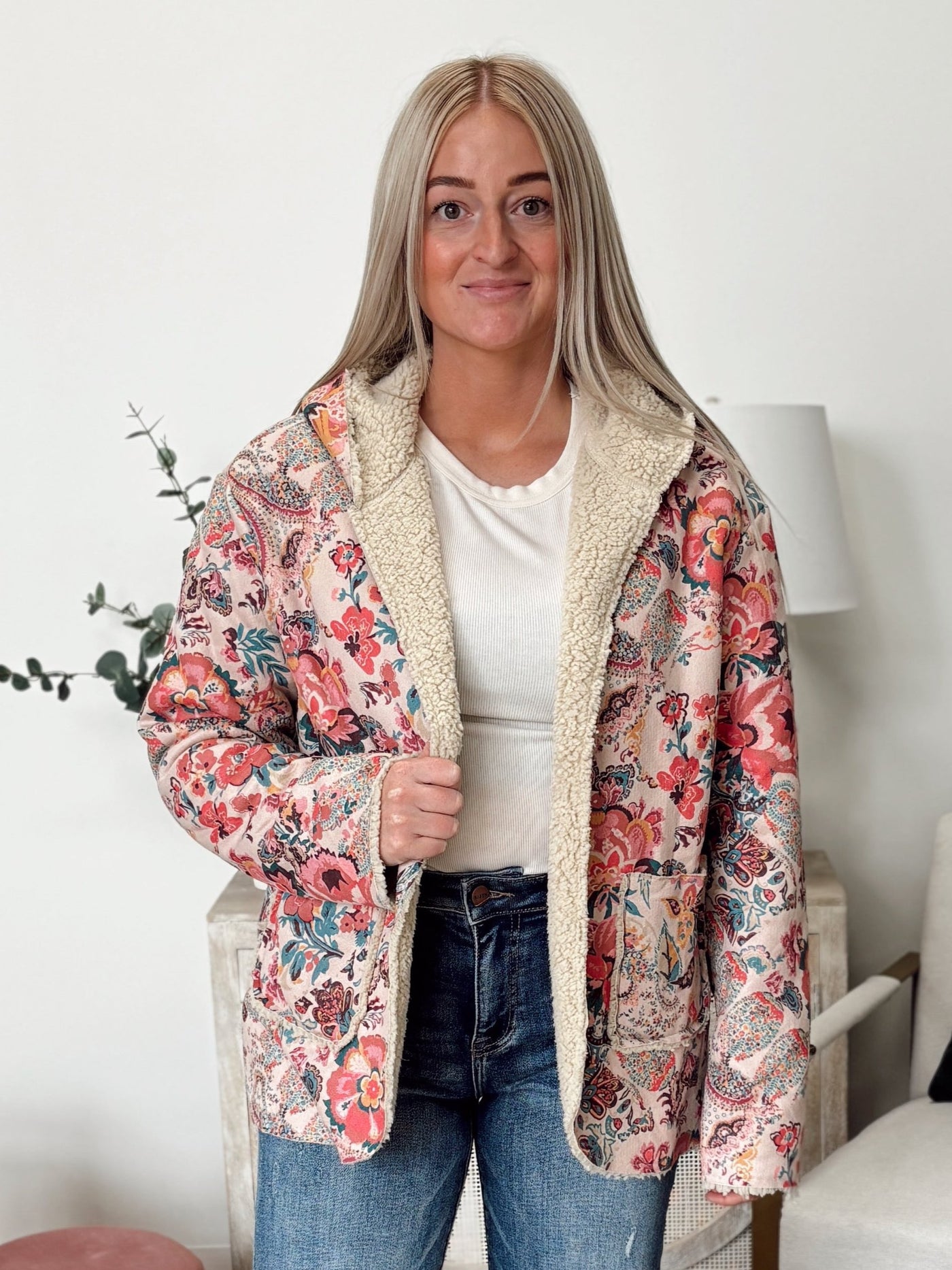 Paisley Printed Sherpa Lined Hooded Jacket in Beige