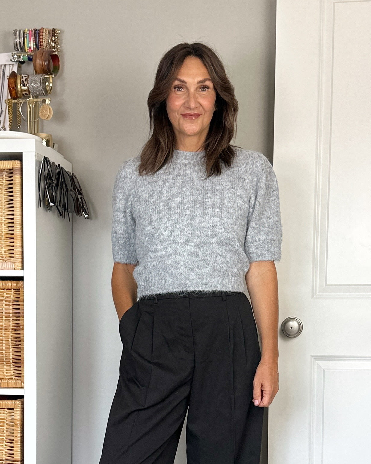 FB X CBSTYLED Novah O-Neck Puff Short Sleeve Pullover in Grey Melange