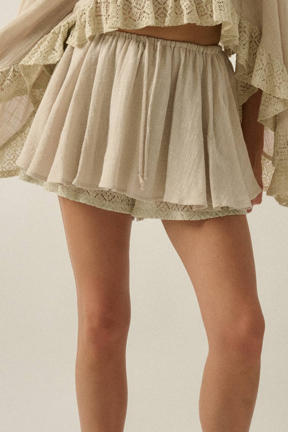 Cotton Gauze and Crochet Lace Gathered Drawstring Skort in Honey Orange