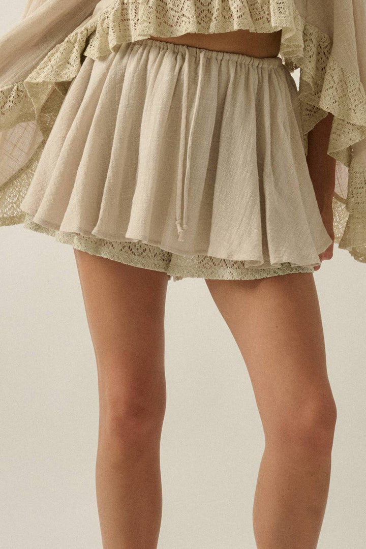 Cotton Gauze and Crochet Lace Gathered Drawstring Skort in Honey Orange