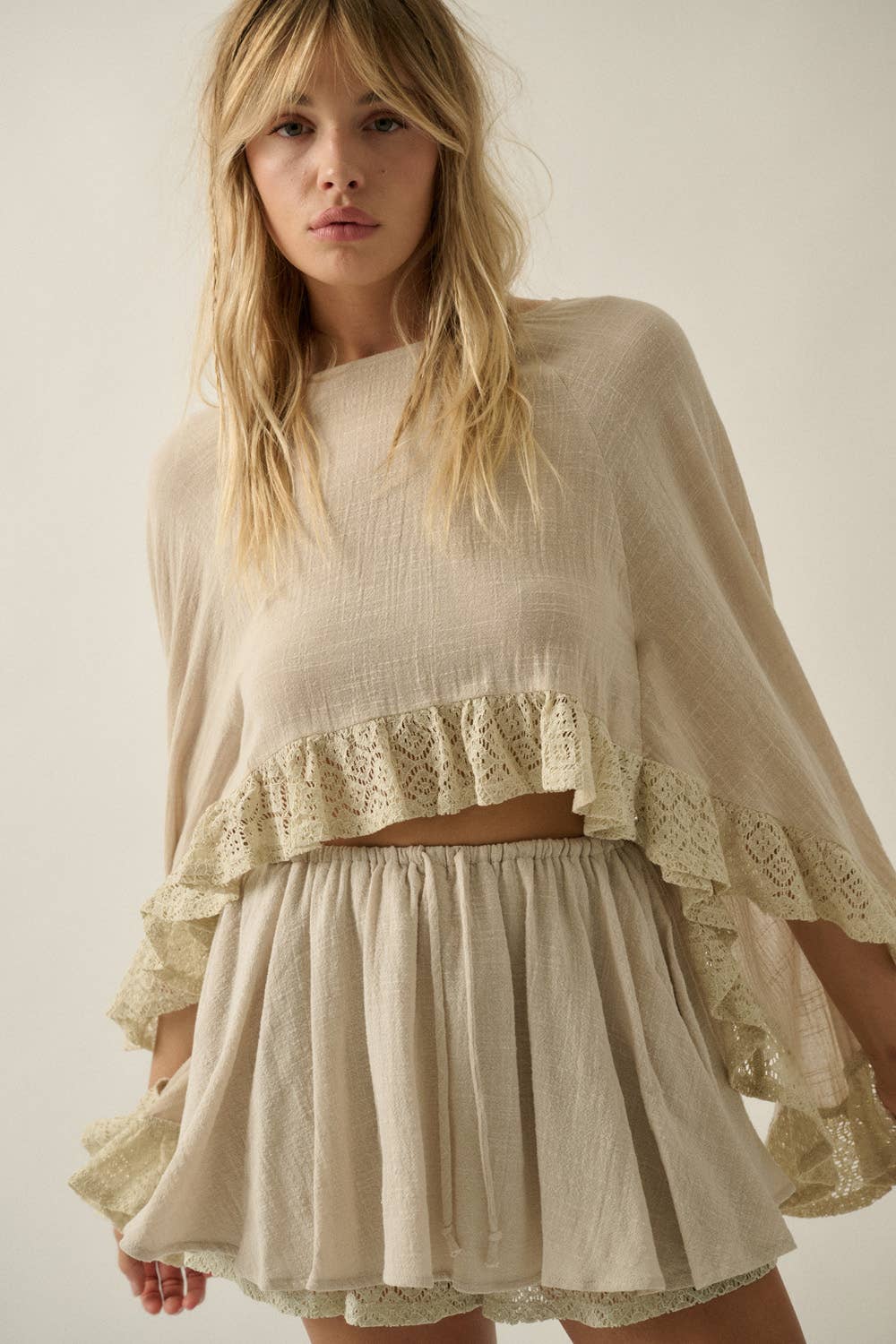 Cotton Gauze and Crochet Lace Gathered Drawstring Skort in Honey Orange