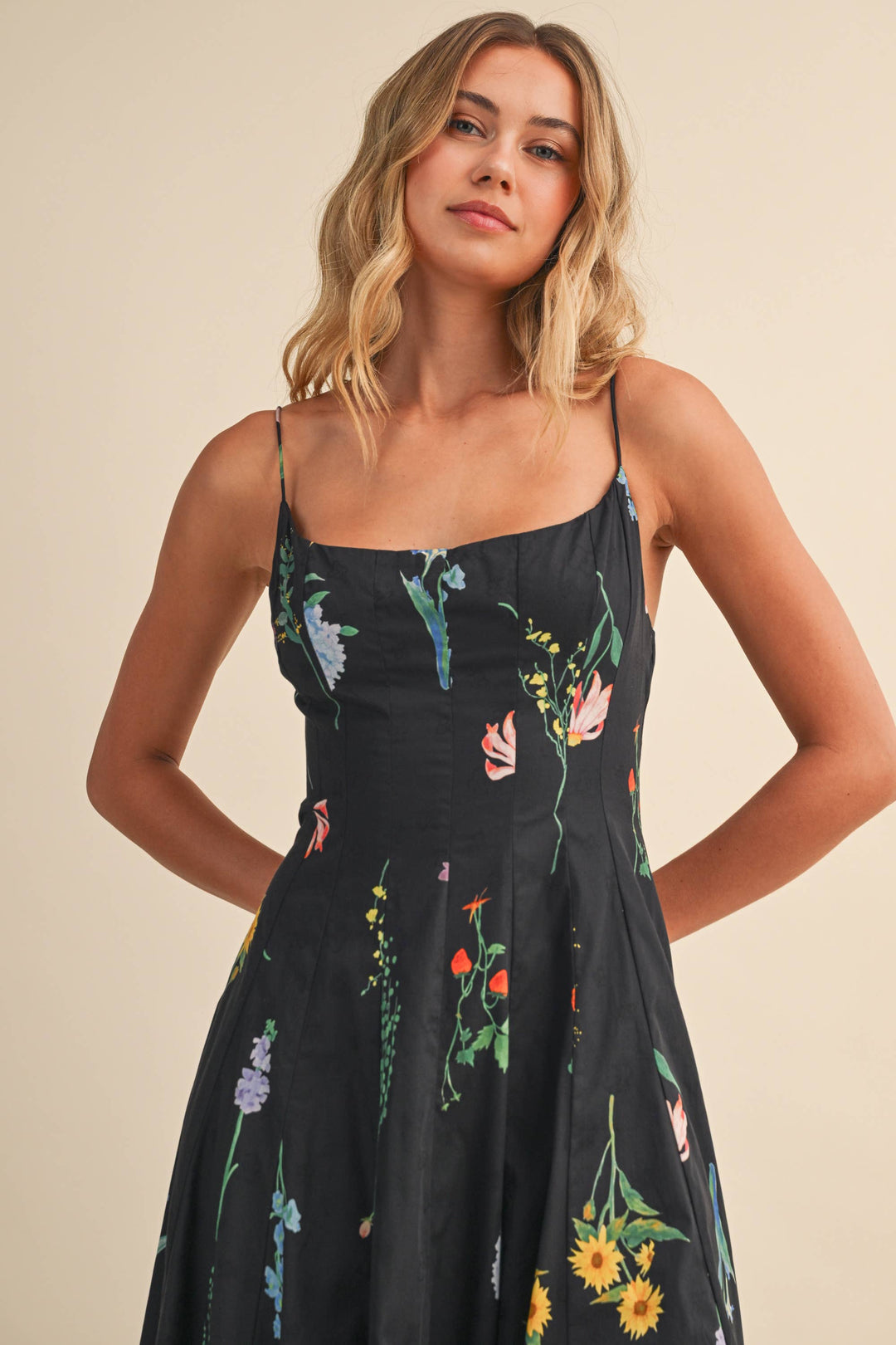 FLORAL PRINTED SLEEVELESS FLARED MAXI DRESS