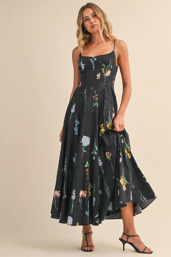 FLORAL PRINTED SLEEVELESS FLARED MAXI DRESS