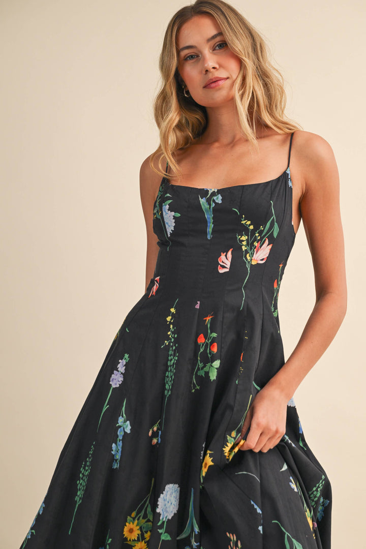 FLORAL PRINTED SLEEVELESS FLARED MAXI DRESS