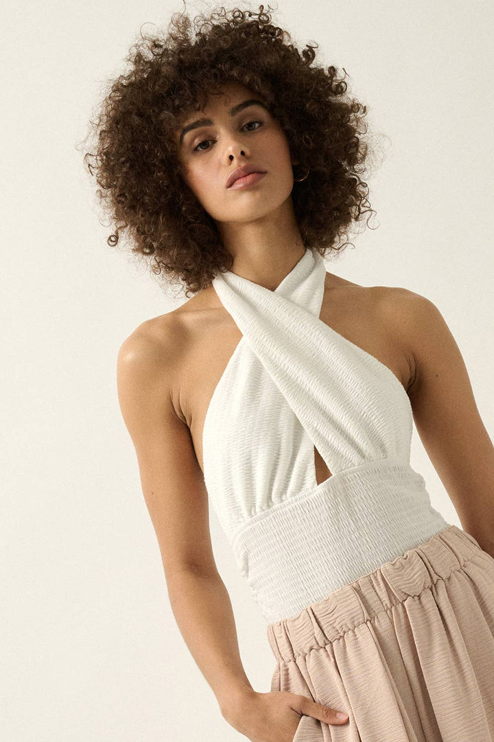 Solid Smocked Crisscross Halter Top