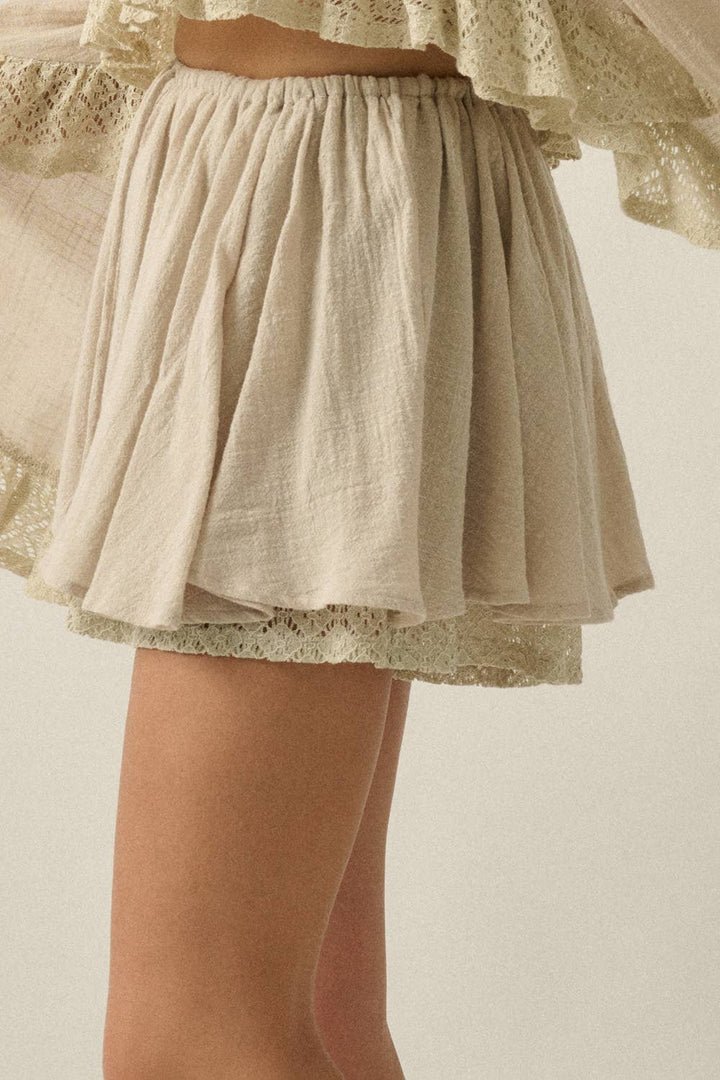 Cotton Gauze and Crochet Lace Gathered Drawstring Skort in Honey Orange