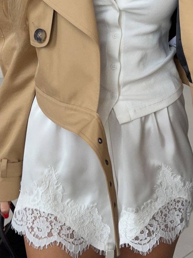 Satin Lace Trim Loose Shorts in White