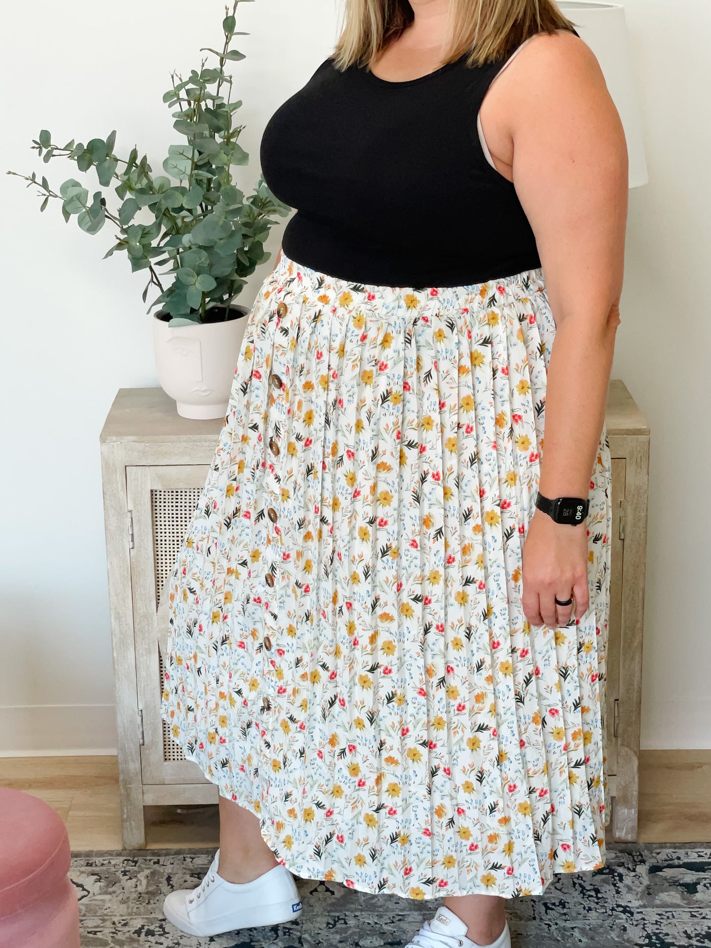 Floral Print Pleated Midi Skirt