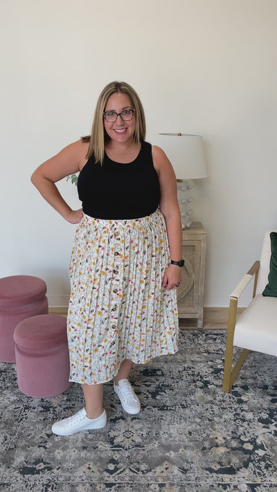 Floral Print Pleated Midi Skirt